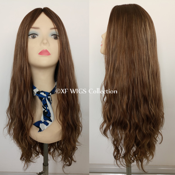 Long human brazilian hair jewish wig with highlights color